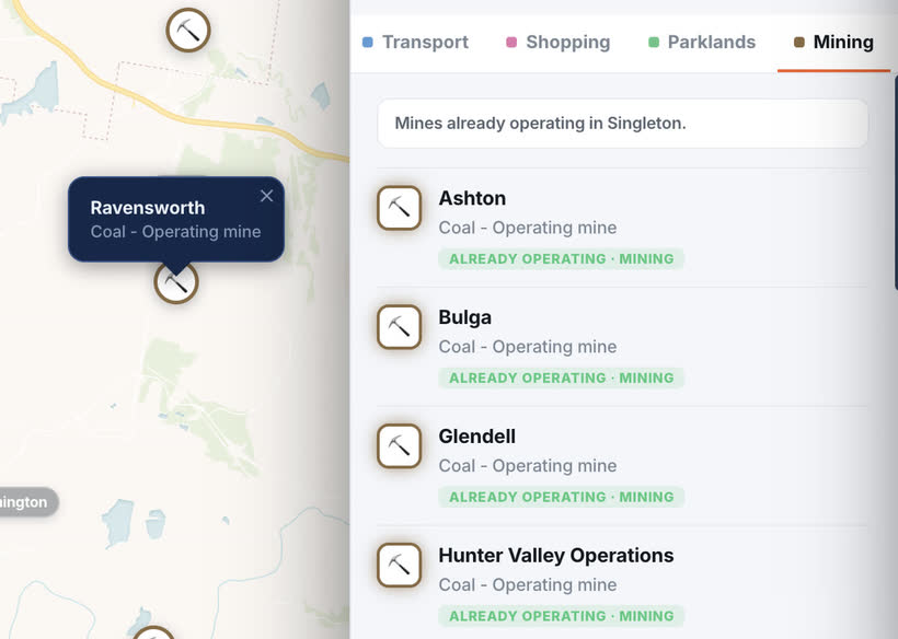 The mining layer on the Brixel map, with the research panel listing operating mines near the suburb